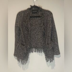 Oliviaceous Knit Fringe Open neckline with Pockets. Black, Grey and White.